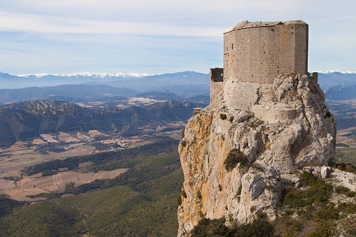 Cucugnan, France - April 3, 2015: Queribus Castle, Monument Historique by the French Ministry of Culture since 1907 in Languedoc-Roussillon, France.