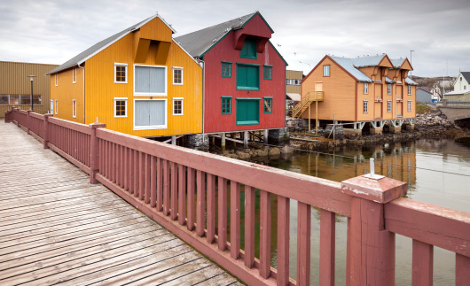 Landscape with colorful houses in fishing village. Rorvik, Norway