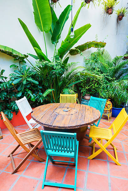 istock brightly coloured wooden chairs and table in garden 477568552