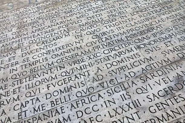 Rome, Italy. Latin inscriptions outside famous monument - Ara Pacis.