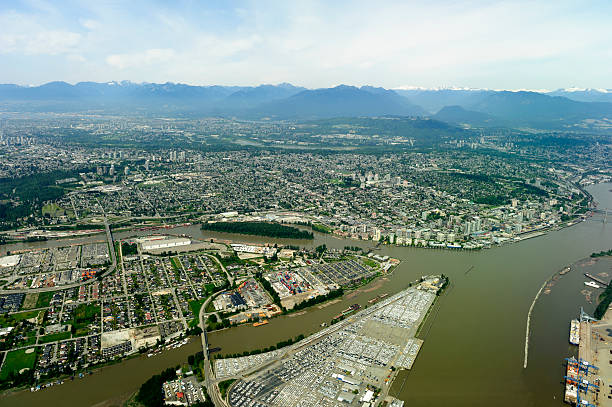aerial photo city of richmond, vancouver and airport stock photo