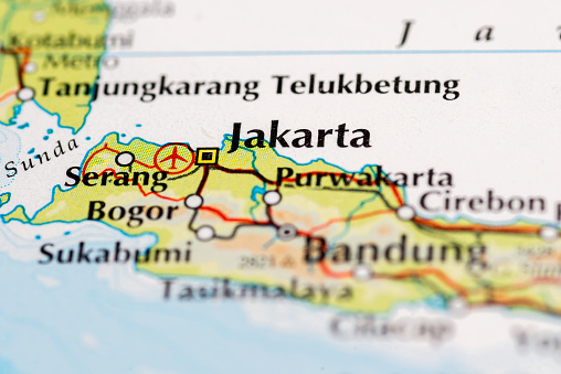 Close up of atlas map of Jakarta, Indonesia