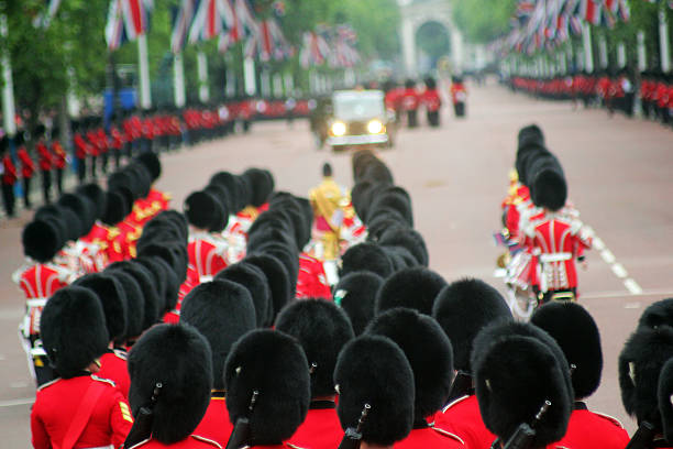 Trooping the Colour Guardsman marching down the Mall London England on The Queens Birthday Parade Trooping the Colour,Saturday 13th June 2015 british royalty photos stock pictures, royalty-free photos & images