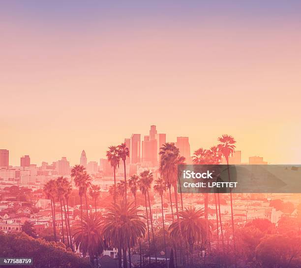 Los Angeles Sunset Scene With Palm Trees Stock Photo - Download Image Now - City Of Los Angeles, Los Angeles County, Hollywood - California