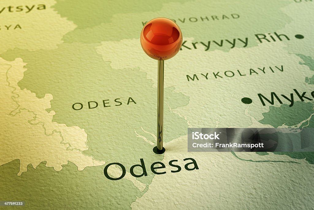 Odesa Map City Straight Pin Vintage 3D Render of a Straight Pin at the Position of the City of Odesa on a Map of Ukraine. Vintage Color Style. Very high resolution available! Odessa - Ukraine Stock Photo