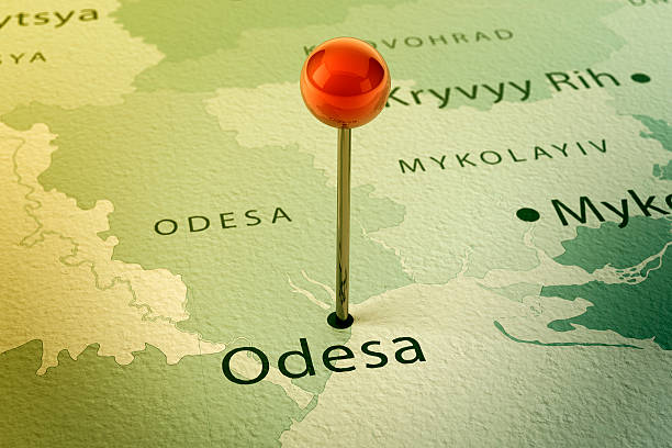 Odesa Map City Straight Pin Vintage 3D Render of a Straight Pin at the Position of the City of Odesa on a Map of Ukraine. Vintage Color Style. Very high resolution available! odessa ukraine stock pictures, royalty-free photos & images