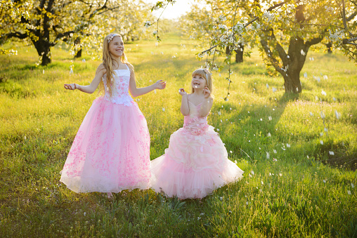 Two little sisters in pink dresses