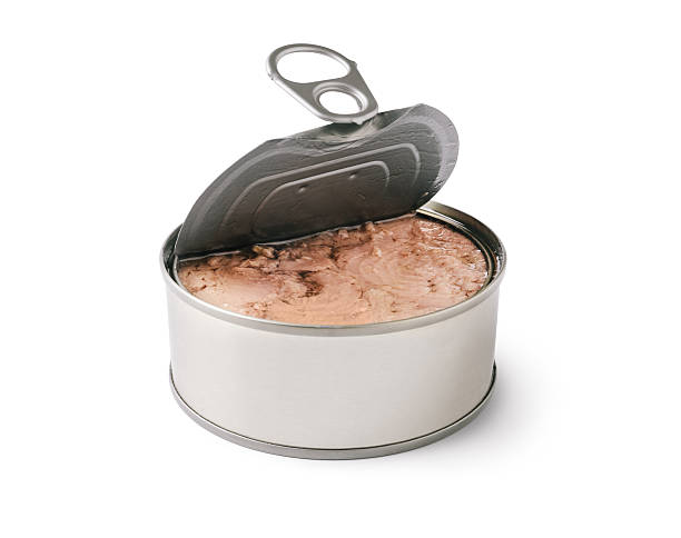 Tuna Can Opened can of tuna, Isolated on white, Clipping Path preserved food stock pictures, royalty-free photos & images