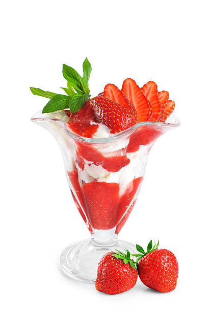 istock Ice cream with strawberries and mint isolated on white backgroun 477594898