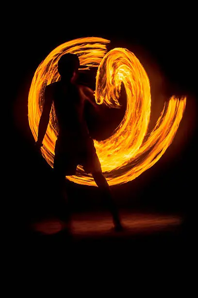 Fire dancers at night.