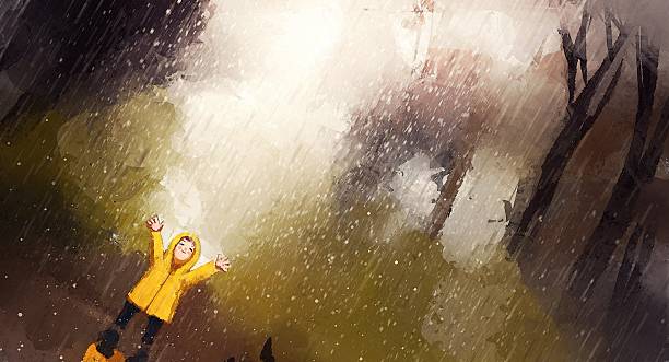 stockillustraties, clipart, cartoons en iconen met watercolor painting of happy girl playing in rany - paper texture