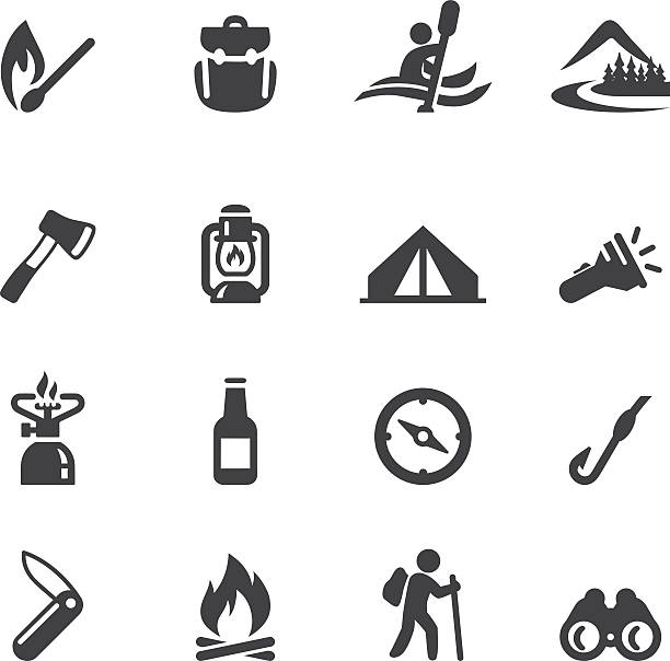 illustrazioni stock, clip art, cartoni animati e icone di tendenza di icone campeggio advanture silhouette - falò immagine
