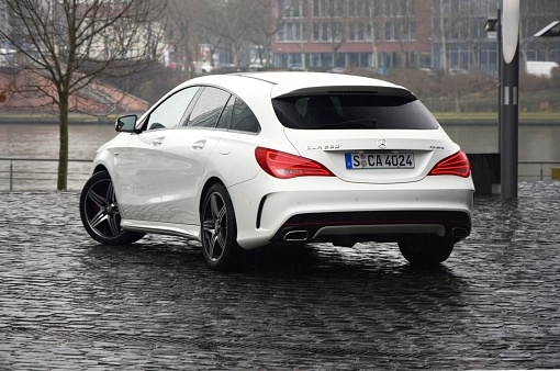Frankfurt, Germany - March 10th, 2015: First test drive of a new luxury combi Mercedes CLA Shooting Brake at international press launch. This car is the smallest combi-coupe in Mercedes offer.