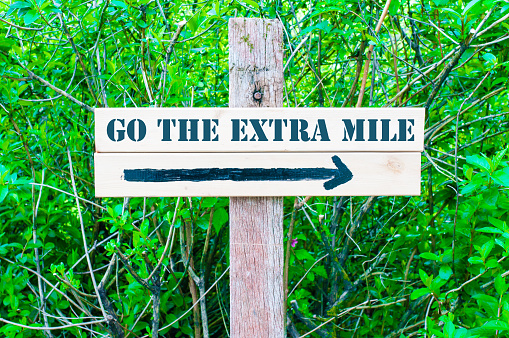 GO THE EXTRA MILE written on Directional wooden sign with arrow pointing to the right against green leaves background. Concept image with available copy space