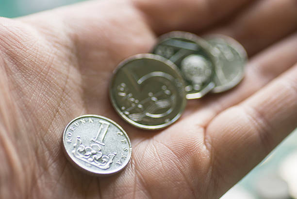 moneda de la cocina checa en la mano - czech culture currency wealth coin fotografías e imágenes de stock