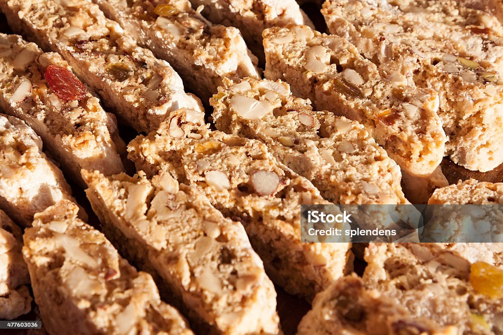 Baked goods in the bakery window Biscotti, delicious Italian  pastries with almonds and raisin 2015 Stock Photo