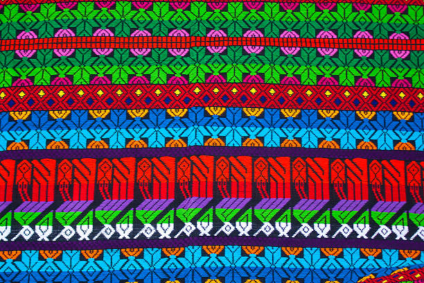 decorazione maya su una coperta a chichicastenango mercato del guatemala - bedding merchandise market textile foto e immagini stock