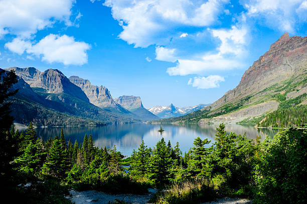 Saint Marys Lake at Glacier National Park Wild Goose Island, St. Marys Lake, Glacier National Park marys stock pictures, royalty-free photos & images