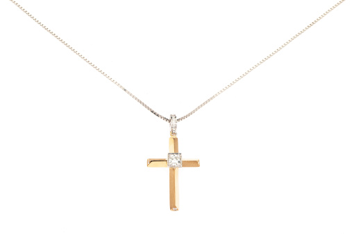 Gold cross necklace on a gold chain with a white background