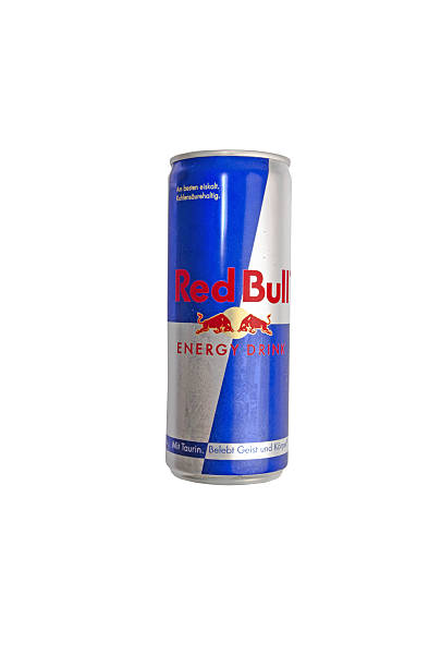 Blue-silver Red Bull Can on White Background stock photo