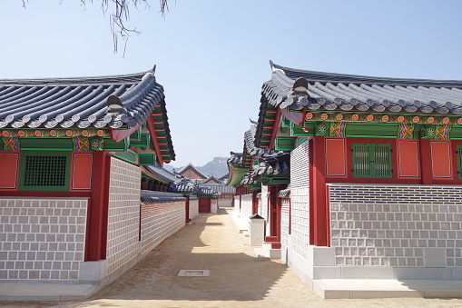 Architectural detail of Gyeongbokgung Palace in Seoul, South Korea.