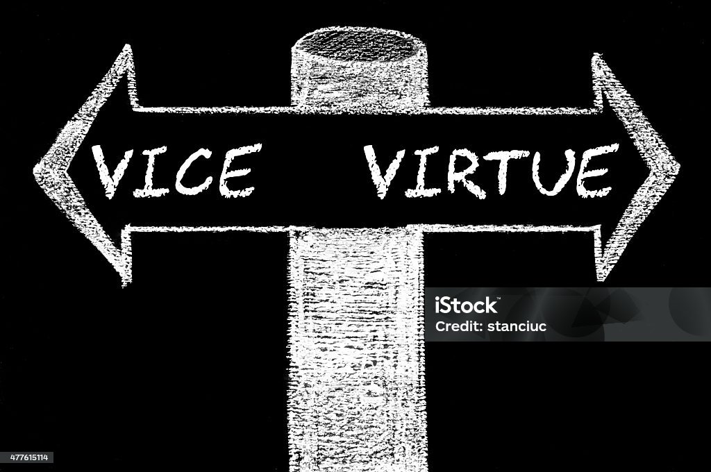 Opposite arrows with Vice versus Virtue Opposite arrows with Vice versus Virtue. Hand drawing with chalk on blackboard. Choice conceptual image 2015 Stock Photo