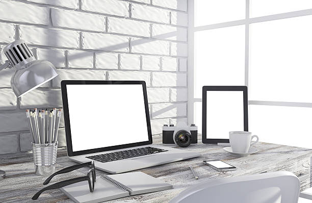 istock illustration laptopand work stuff on table near brick wall, Workspace 477619944