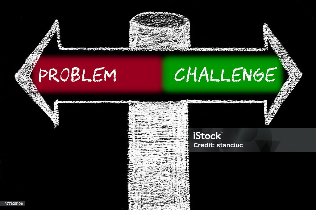 Opposite arrows with Problem versus Challenge Opposite arrows with Problem versus Challenge. Hand drawing with chalk on blackboard. Choice conceptual image 2015 Stock Photo