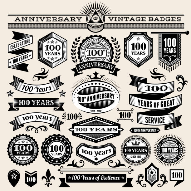 100 year anniversary hand-drawn royalty free vector background on paper. This image depicts a paper background with multiple anniversary announcement designs. The beige paper background serves a perfect backdrop for making the anniversary announcements look authentic and elegant. The anniversary hand-drawn design are unique and intricate in design and are ideal for your anniversary design announcements.