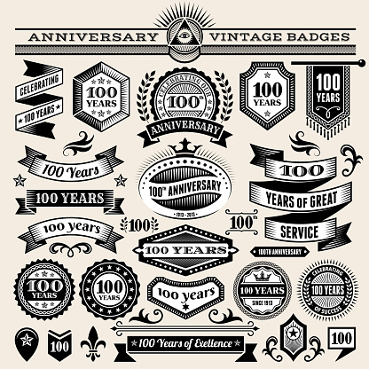 100 year anniversary hand-drawn royalty free vector background on paper. This image depicts a paper background with multiple anniversary announcement designs. The beige paper background serves a perfect backdrop for making the anniversary announcements look authentic and elegant. The anniversary hand-drawn design are unique and intricate in design and are ideal for your anniversary design announcements.
