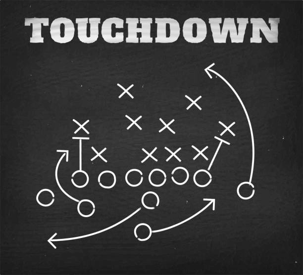 American football touchdown strategy diagram on chalkboard American football touchdown strategy diagram on chalkboard. The illustration features a detailed game strategy sketch with offensive line indicated as arrows and defensive line indicated as X signs. A coached playbook is presented as white chalk drawing on chalkboard. This royalty free vector illustration is perfect for football strategy designs. american football game plan stock illustrations