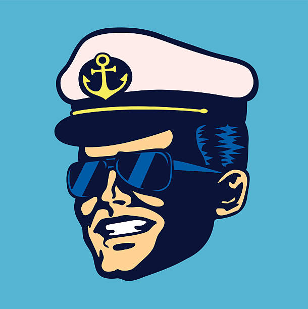 Retro cruise ship captain head with hat and sunglasses vector Retro cruise ship captain head with hat and aviator glasses smiling face vintage isolated vector illustration marines navy sea captain stock illustrations