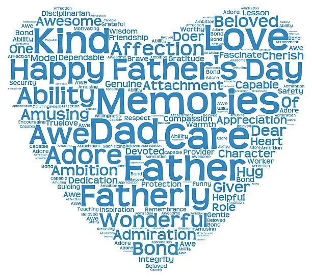 Isolated image of tag clouds in the shape of blue heart related to Father's day
