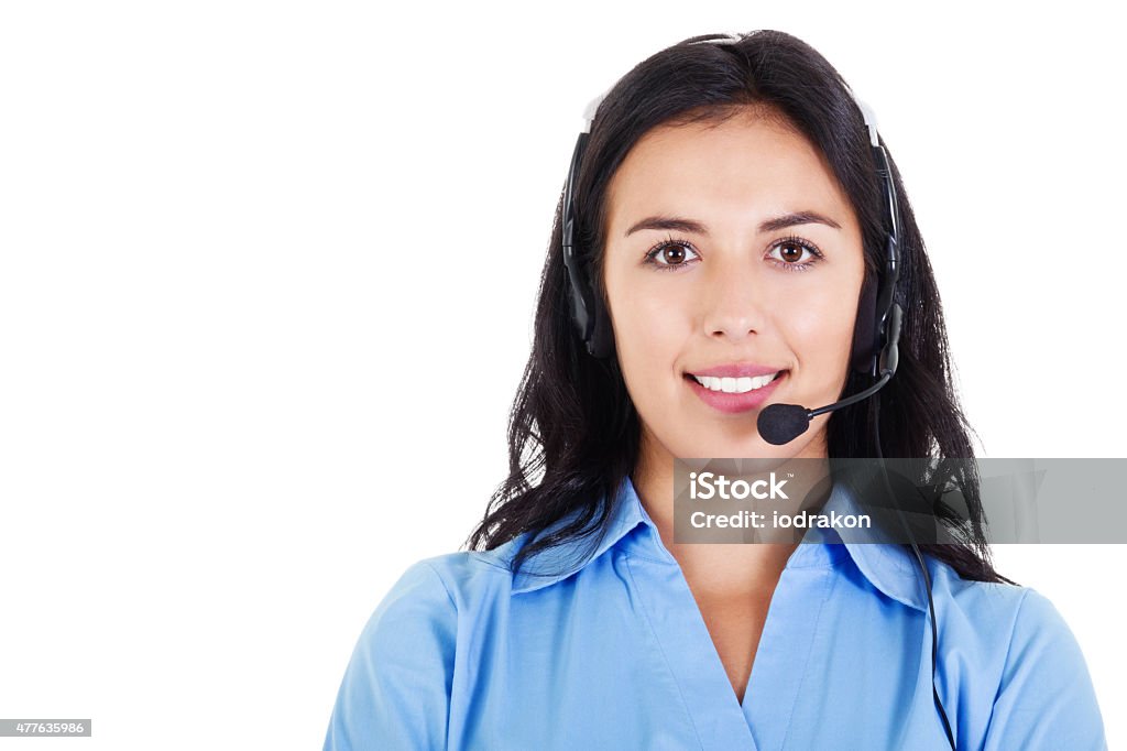 Female call center operator Stock image of female call center operator smiling, wearing business attire, isolated on white White Background Stock Photo