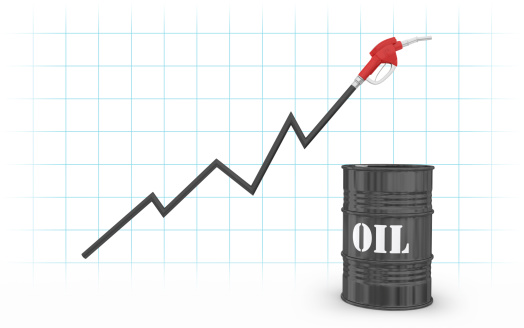 Increasing gas pump graph with oil barrel, 3d render