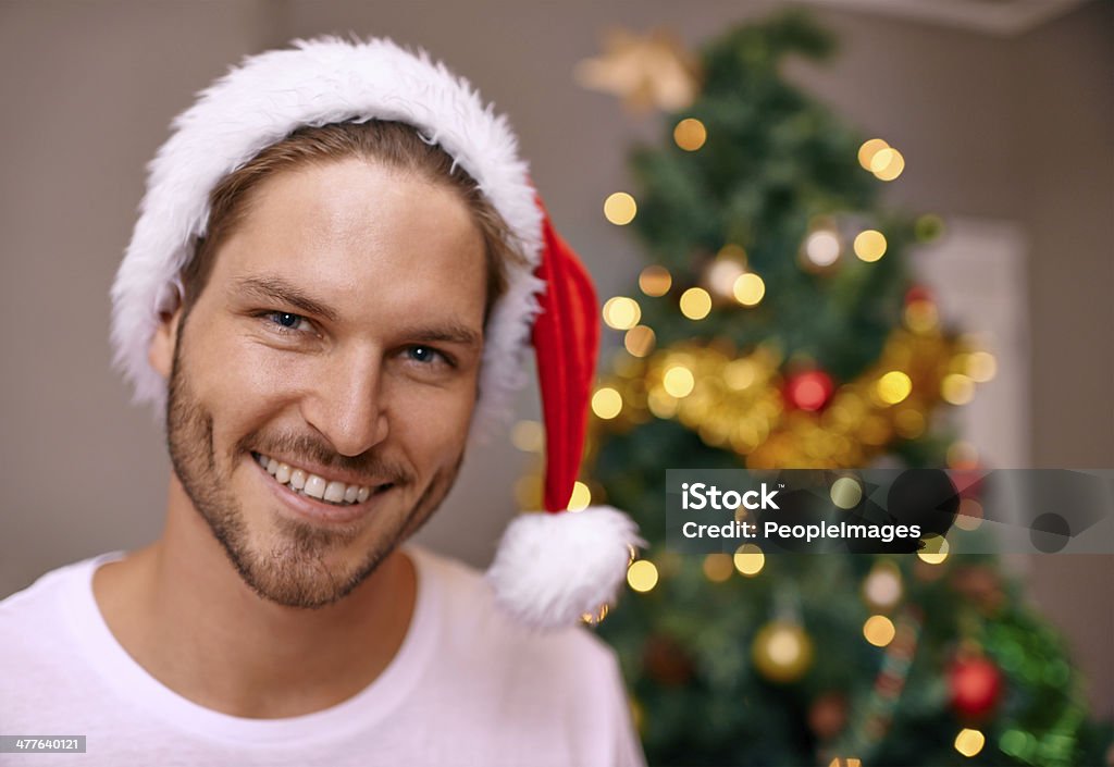 No grinch in sight! A handsome man wearing a christmas hat smiling at the camera with a decorated tree in the background Christmas Stock Photo