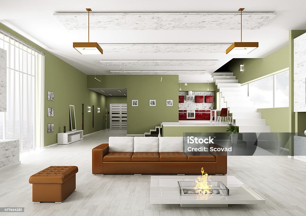 Interior del moderno apartamento Renderizado 3d - Foto de stock de Arquitectura libre de derechos