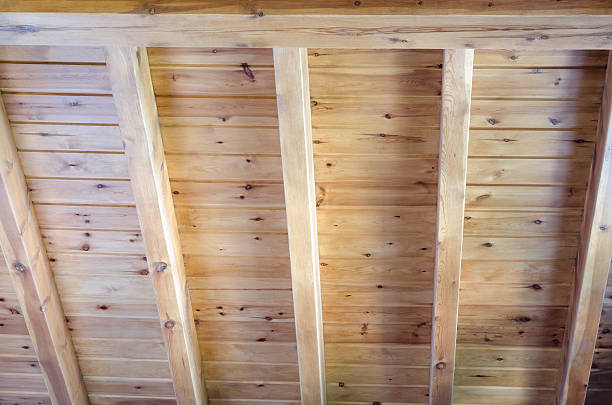 istock Interior view of a wooden roof structure. 477648606