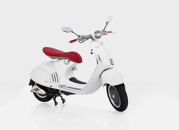 Red Classic Vintage Retro or Electric Scooter in front of brick wall. 3d Rendering
