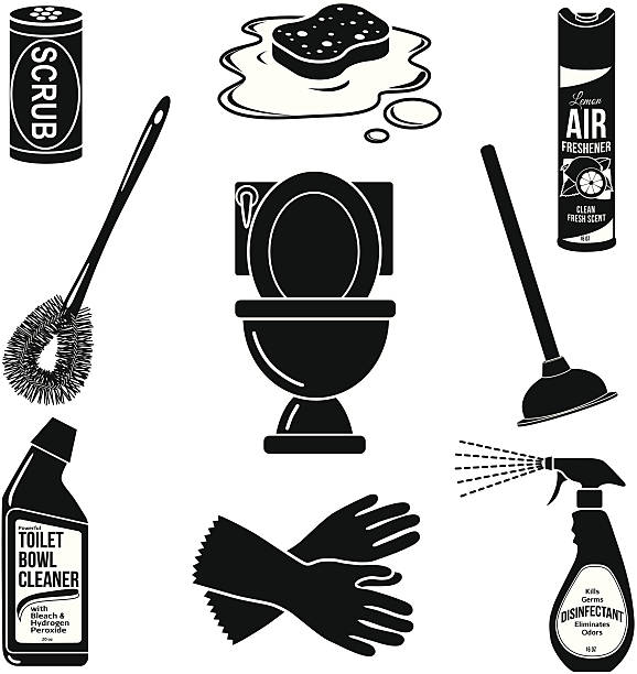 sprzątanie toalety zestaw ikon czarny i biały) - toilet public restroom air freshener cleaning stock illustrations