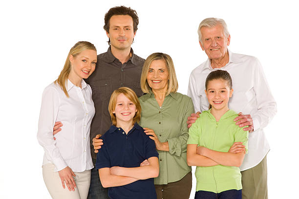 istock three generations family standing isolated on white background 477659230