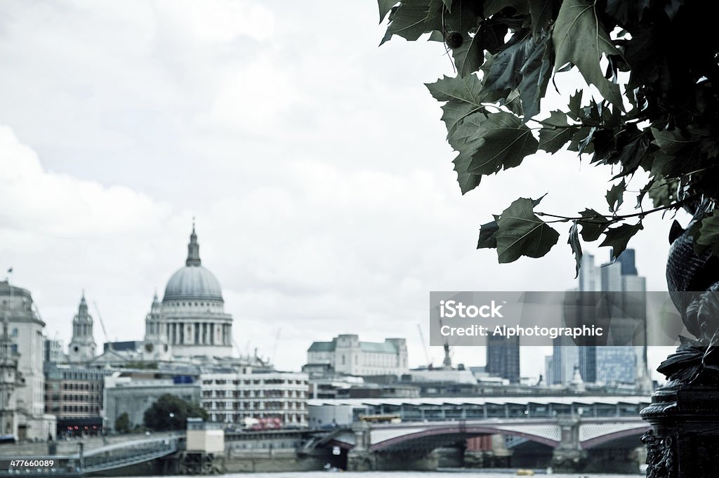 Skyline over the Thames in London A view of the Thames and London skyline looking North East from the South Bank and showing Sy Pauls dome on the left continued construction and the newly created skyscraper landmarks of Canary Wharf, The shot has been post processed in Lightroom as bleach bypass and focus is on the forground leaves with the background out of focus. 122 Leadenhall Street Stock Photo