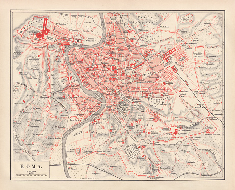 City map of Rome, Italy. Lithograph, published in 1878.