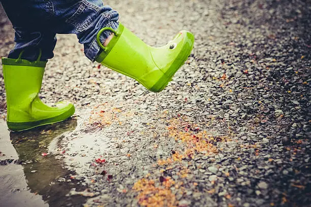 Green rainboots worn by a child in blue jeans who is walking and stomping through a mud puddle on a rainy day. The boots have little eyes on them and look very cheerful. High resolution color photograph cropped to the child's legs and feet only. Plenty of copy space for your content message. Horizontal composition.