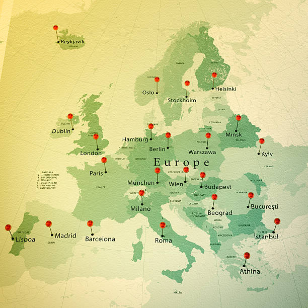 Europe Map Square Cities Straight Pin Vintage 3D Render of a Map of Europe with Straight Pins at the Position of important Cities. Vintage Color Style. Very high resolution available! green map of norway stock pictures, royalty-free photos & images