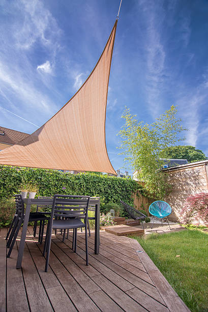 istock Modern house terrace in summer with table and shade sail 477673288