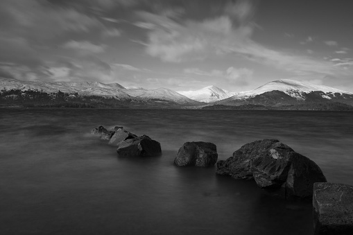 A view of Loch Lomond in winter 2011 in black and white.