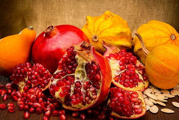 istock pumpkin and pomegranate on fabric background 477676255