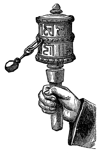 Engraving from 1884 of a Tibetan Prayer Wheel in action.