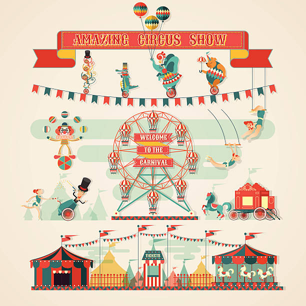 Amazing Circus Show elements design elements of circus show vector illustrations cartoon joker stock illustrations